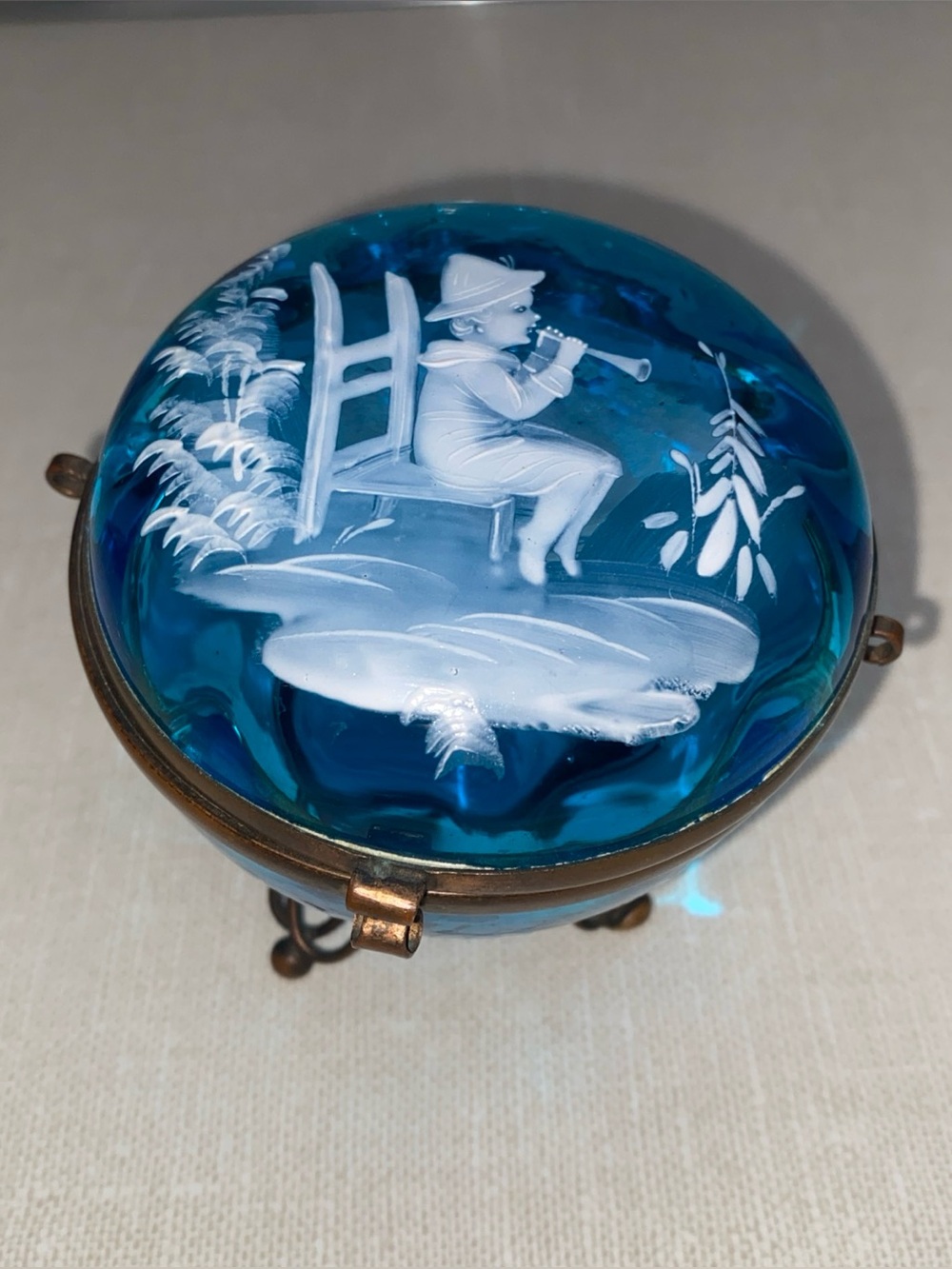 Antique Victorian Blue Glass mounted Moser Mary Gregory Casket Trinket Box